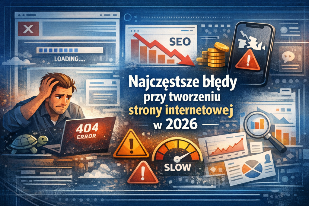 Najczęstsze błędy przy tworzeniu strony internetowej w 2026 – ilustracja przedstawiająca błąd 404, spadek SEO i wolne ładowanie strony