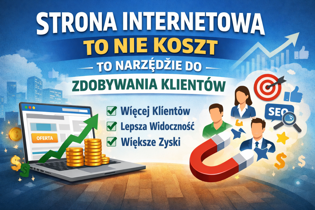 Strona internetowa jako narzędzie do zdobywania klientów – ilustracja pokazująca laptop z ofertą, wzrost sprzedaży i magnes przyciągający klientów