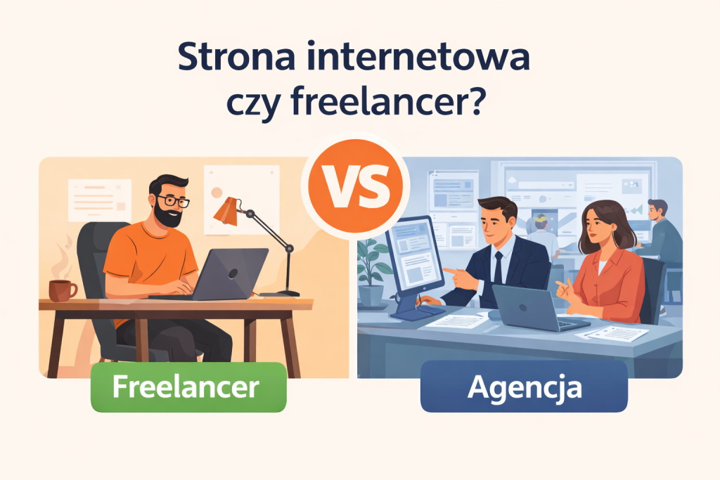 Strona internetowa czy freelancer – porównanie wykonawcy strony www w 2026 roku, ilustracja przedstawiająca wybór między freelancerem a profesjonalną firmą tworzącą strony internetowe