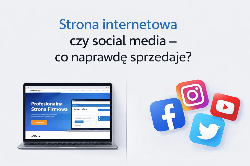 Strona internetowa na laptopie po lewej oraz ikony social media po prawej – wizualne porównanie skuteczności sprzedaży online.