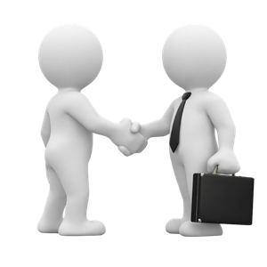 Dwie postacie 3D podające sobie ręce – symbol współpracy i partnerstwa biznesowego