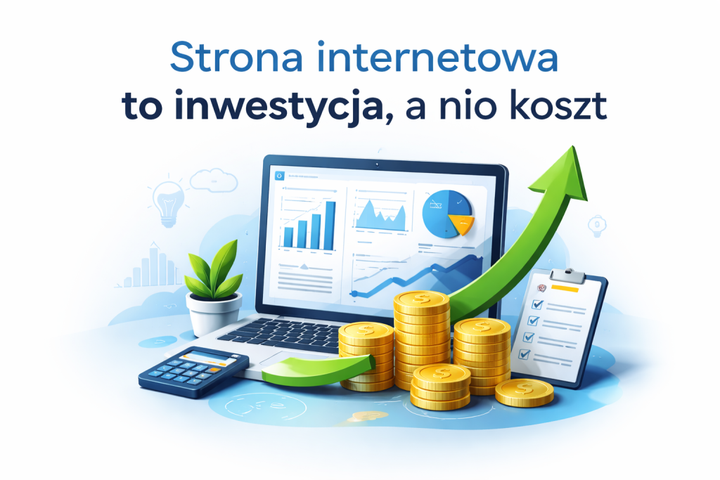 Strona internetowa to inwestycja, a nie koszt – laptop z wykresami wzrostu, rosnąca zielona strzałka i stosy monet symbolizujące rozwój biznesu online.