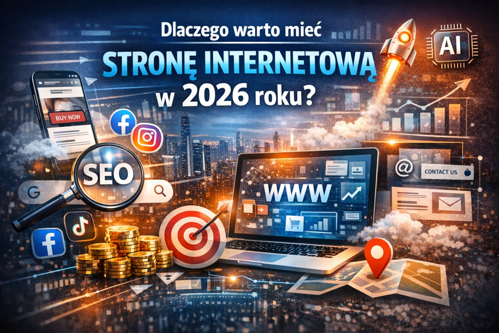 Dlaczego warto mieć stronę internetową w 2026 roku – grafika przedstawiająca SEO, AI, laptop z witryną www i elementy marketingu online