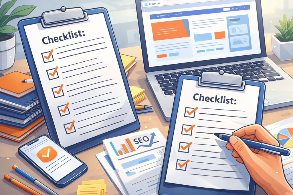 Jak przygotować się do stworzenia strony internetowej – checklista przedsiębiorcy z notatkami, planem strony i laptopem podczas planowania projektu www