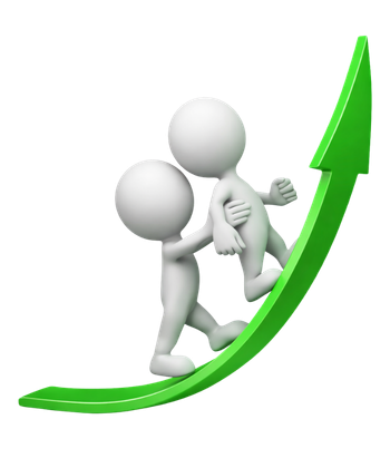 Dwie postacie 3D wspinające się po zielonej strzałce skierowanej w górę – symbol wzrostu i wsparcia w biznesie